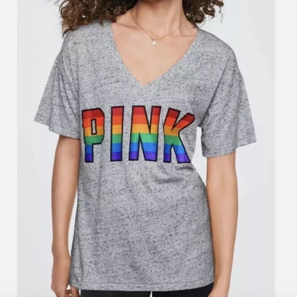 Victoria's Secret PINK Heather Gray V-Neck T-Shirt with Rainbow Spellout‎ MED